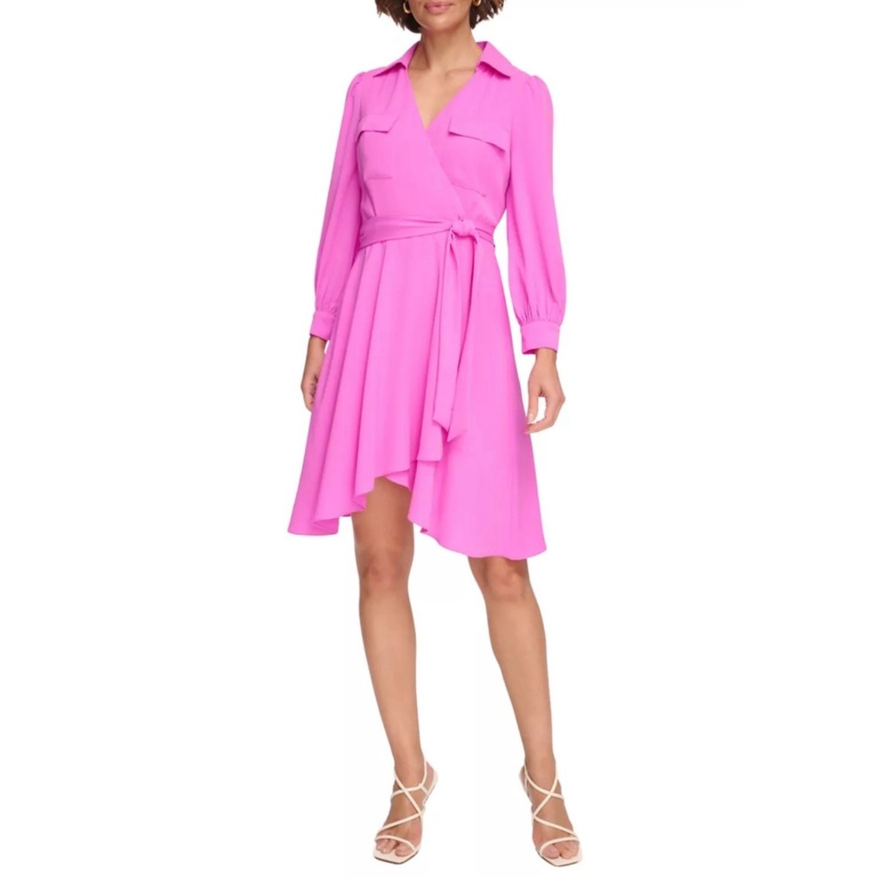 DKNY Faux Wrap Dress Women's Size 10 Hot Pink Long Sleeves Gorgeous